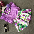 Hot sell girls elegant clothes set floral clothing sets with necklace purple shirt flower pants high