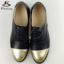 2016 Genuine leather flat oxford shoes for women US size 11 handmade Black Blue color lace-up vintage oxford shoes us8.5