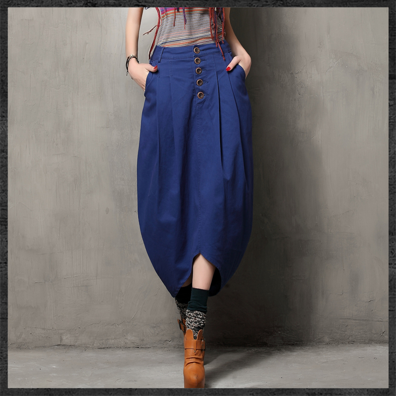 Art Fan Vintage Ethnic Asymmetrical Women Long Denim Skirt 2015 Brand Autumn Casual Cotton Maxi Skirts Faldas Saia Jupe X3511