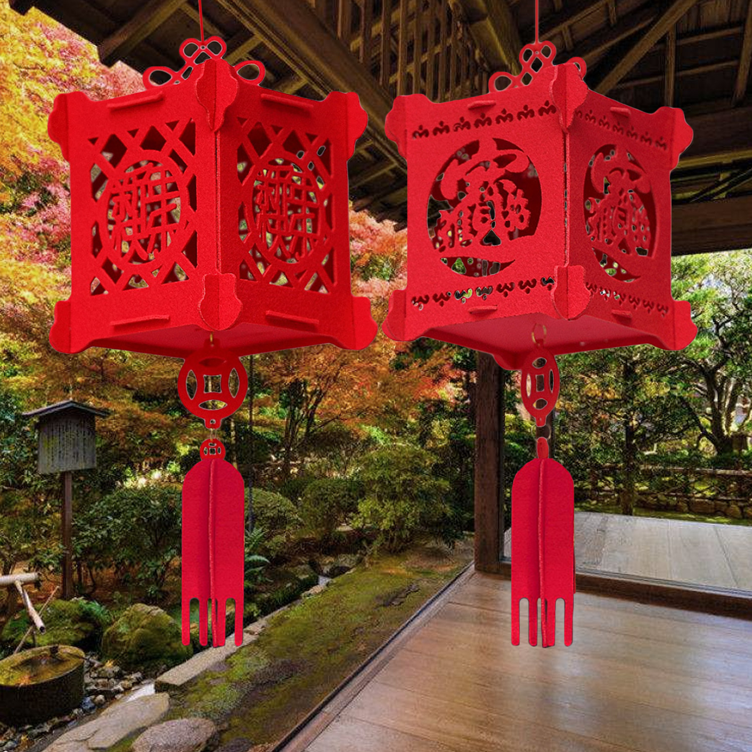 Amosfun Chinese Red Lanterns Chinese New Year Decorations Spring Festival Home Decor Non-woven Good Luck Toy Hanging Pendant Hanging Chinese Knot Pendant 2021 OX Year Decorations