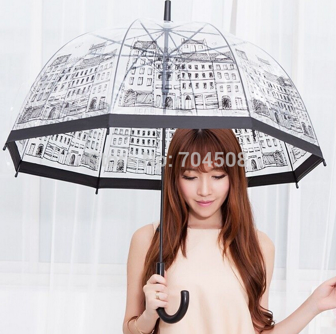 FD1483 Transparent Dome Birdcage Umbrella Stick Long Building Print Umbrella New