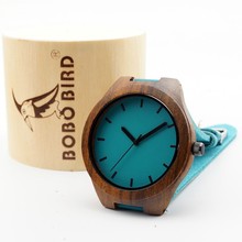 Black Wood Watch With Blue Genuine Cowhide Leather Band and Blue Watch’s Dial Fashion Japan Move’ 2035 BoBo Bird Box Included
