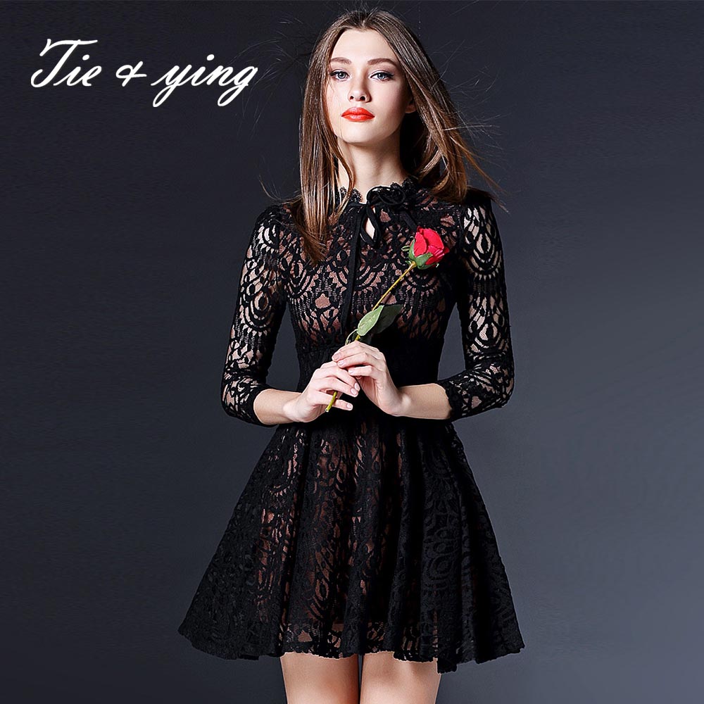 High-end black lace dresses 2016 new arrival American and European fashion runway luxury hollow out elegant ball gown dress