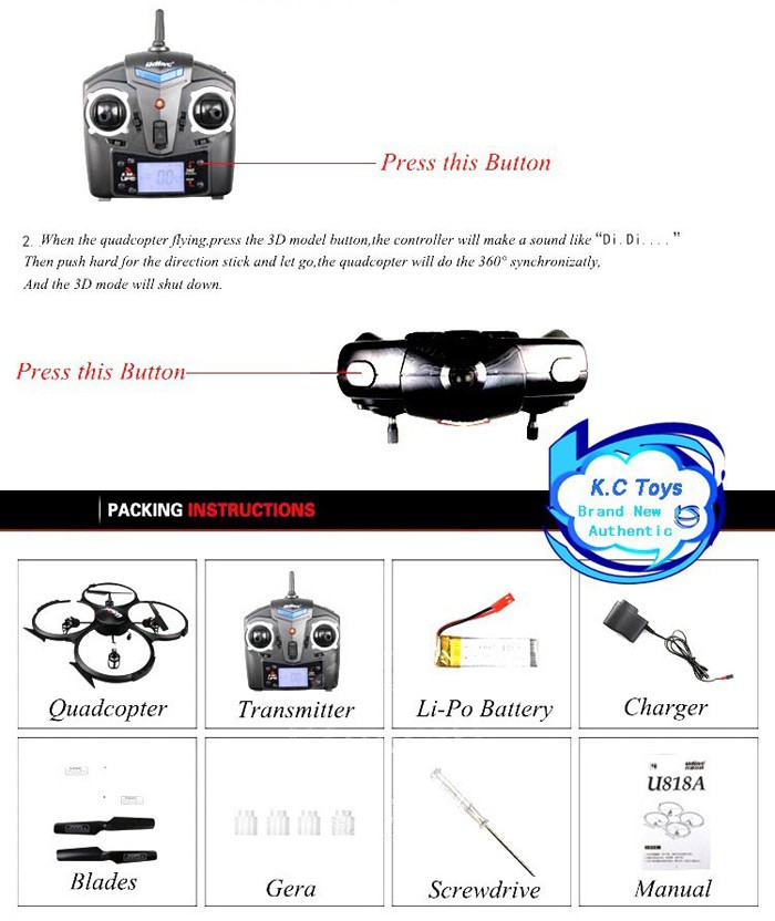 7 New Arrival Original UDI U818A HD UFO With 3D Flip 2.4G 4ch 6 Axis Drone RC Quadcopter with Camera RC Helicopter Toys