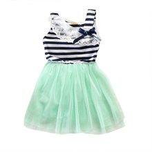 Hot Selling New Baby Girls Lace Round Collar Bowknot Striped Dress Kids Clothes Tutu Tulle New Children Dresses Girls Clothes