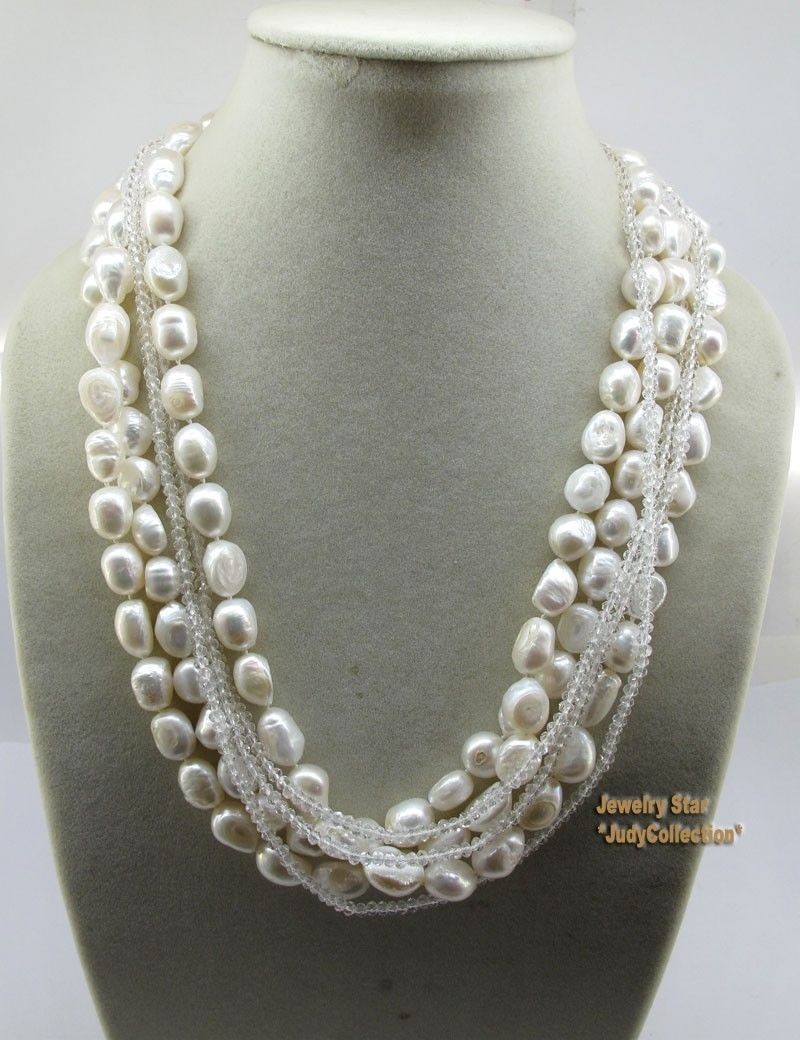 Wedding-Jewelry-Natural-White-Freshwater-Pearl-Crystal-6stands-Necklace