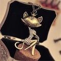 Korea Girl Retro Vintage Sexy Cat Girl Crystal Rhinestone Pendants Bib choker Long chain Necklace