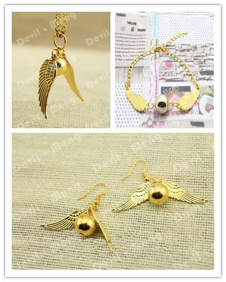 10sets/lot Golden  The Golden Snitch Jewelry Set Necklace + Bracelet + Earrings harry potter jewelry handmade gift