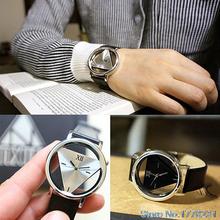 Hot Sale FashionUnisex Charm Glass Hollow Triangle Dial Faux Leather Analog Quartz Wrist Watch