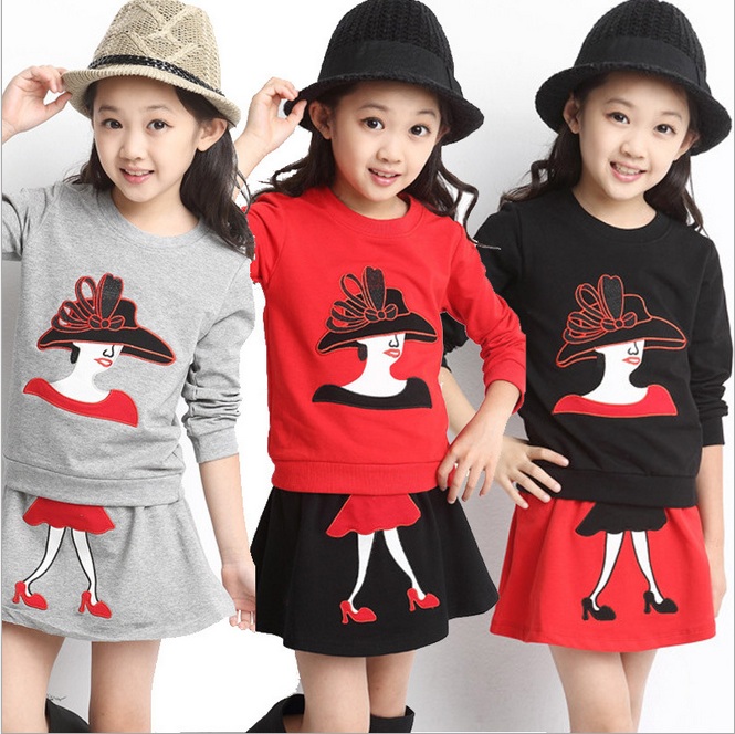 z6 Girl kid Queen High heeled Shoes Cartoon Embroidery blouse and Skirt terno roupa 2pcs set