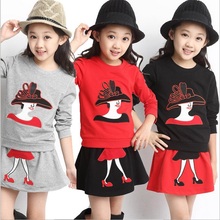z6 Girl kid Queen High heeled Shoes Cartoon Embroidery blouse and Skirt terno roupa 2pcs set