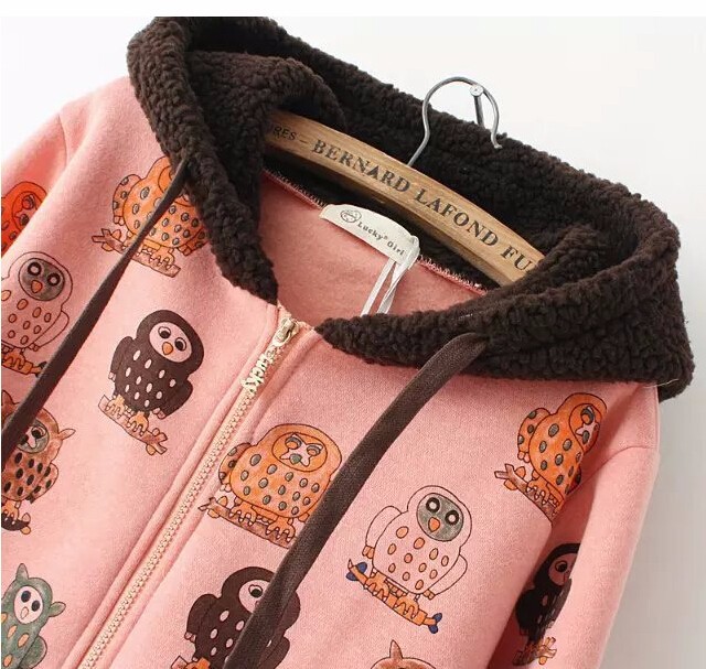 2015 autumn Korean stylish women\'s Owls printing zipper hooded long-sleeved sweatershirts girls new fashionable coat branded free shipping (10)