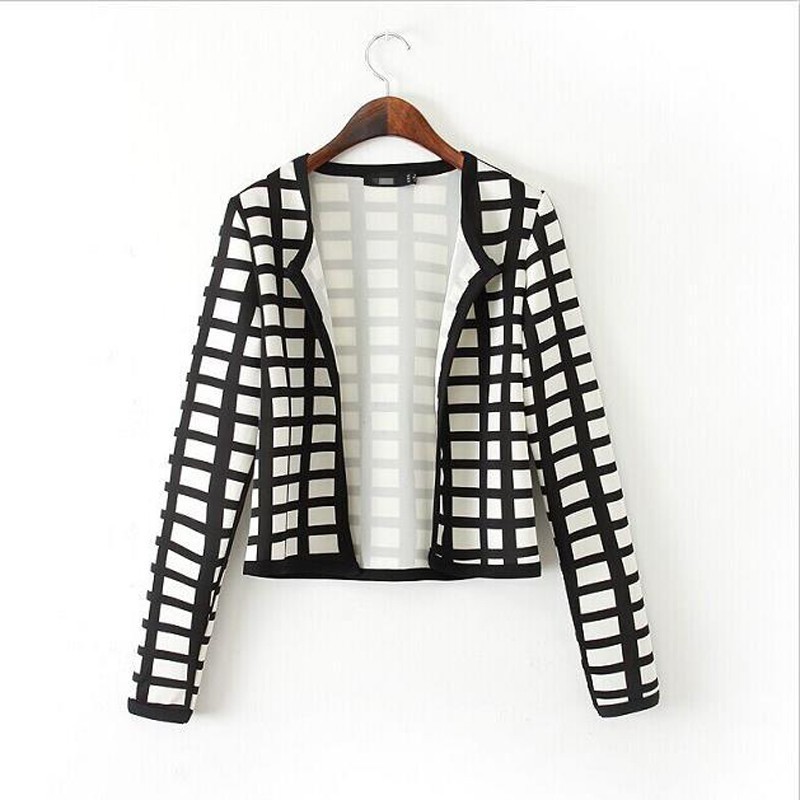 2015 New Jackets for women short style long sleeve plaid black and white women Jackets casual clothing fashion Coat JT13 (4)