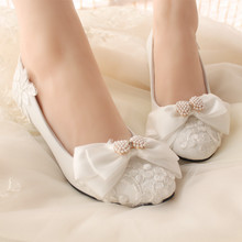 Handmade lace flower rhinestone pearl bow bridal bridesmaid shoes high heel white married women’s shoes