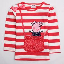 2-6y 2016 new fashion Red baby girls tunic top Cartoon pig embroidery Autumn/Spring long sleeve T-shirt