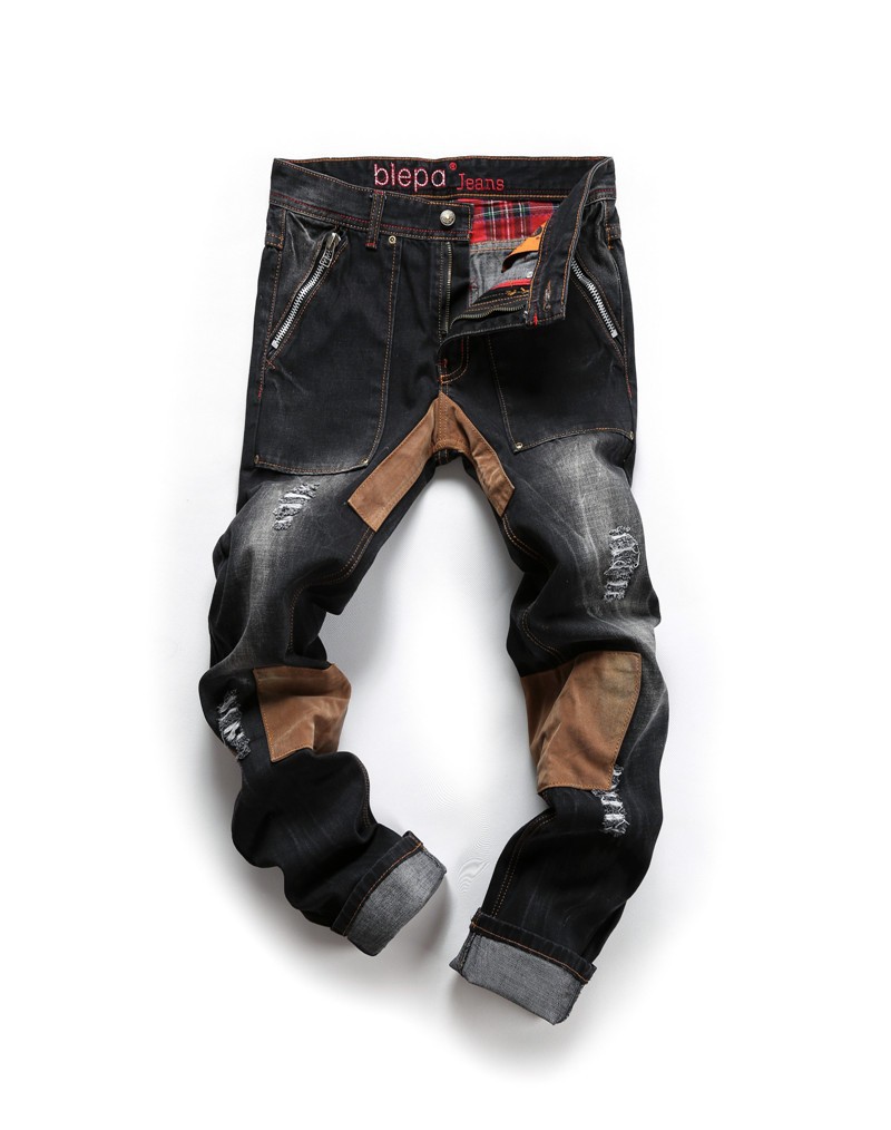 2015 Club Summer Style Ripped Skinny Patchwork Jeans Religious Men Jeans Black Hole Jeans Luis Button cala jeans masculino 