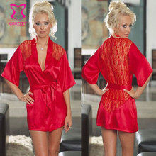 Valentine Nightwear Adult Red Floral Lace & Satin Short Sleepwear Robe Sexy Women Lingerie Sets Fancy Underwear Lenceria Erotica