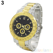 Hombres de acero inoxidable tono de plata de oro Bussiness analógico de cuarzo reloj de pulsera 4KJW