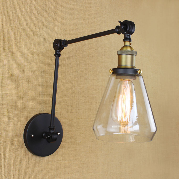 Industrial Vintage Simple & Modern Iron Wall Lamp 2 Swing Arm Clear Glass Shade Dinning Room Study Wall Light Free Shipping