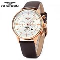 GUANQIN Men Leather Quartz Watch with Calendar Display Moving Three Sub dials
