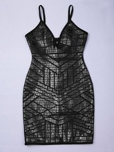 Celebrity Black Leather Print Knee Length Deep V-Neck Bandage Dress Cocktail Party Bodycon Dress