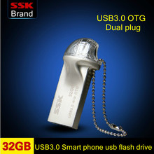 New arrival ssk mobile phone usb flash drive 32g usb3.0 high speed double plug otg mobile phone usb flash drive Free shipping