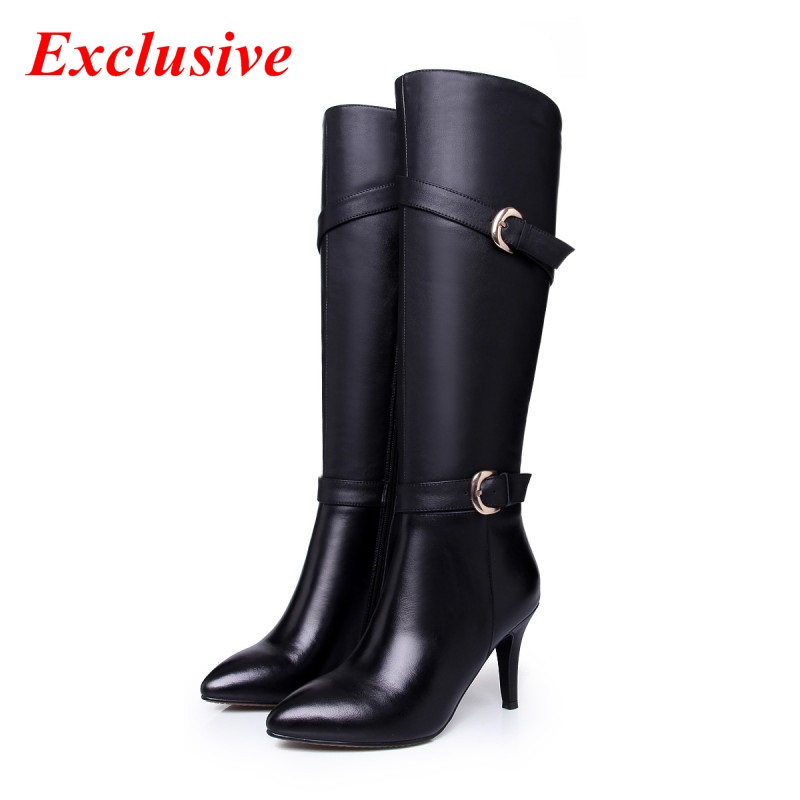 Woman Spike Heels Long Boots Winter Short Plush Genuine Leather Pointed Toe High Boots Buckle Mid-Calf Spike Heels Long Boots