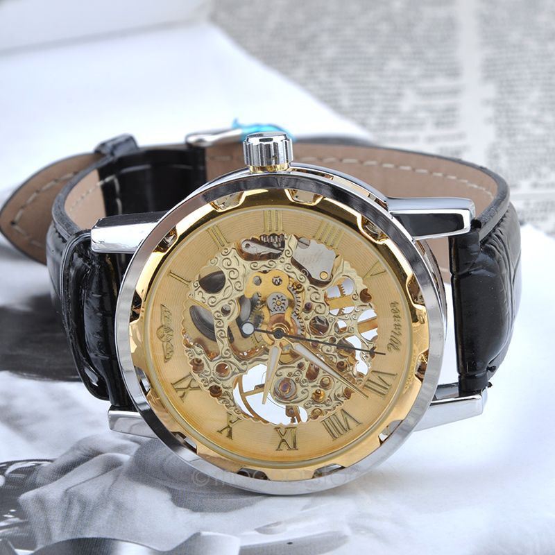 Vintage Skeleton Wheel Gear Totem Watch Greek Numerals Dial Watches Cool Men Retro Hollow Mechanical Watch