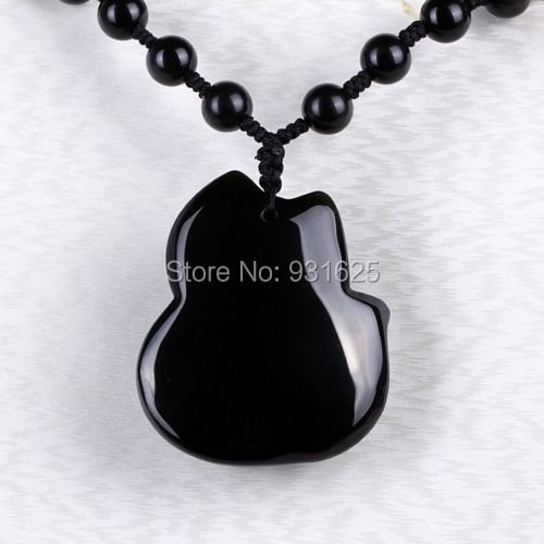 beautiful Black 100% Natural A Obsidian Carved FOX Necklaces pendant beautif -6