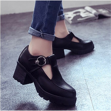 2015 Spring autumn high heels women square heel Leather shoes retro T strap pumps ladies platform zapatos mujer woman oxfords