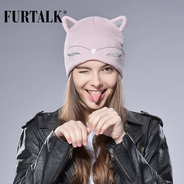 FURTALK Woman Wool Cotton Cuff Beanie Knit Hat Ski Watch Cap Spring Autumn Woman Sock Cap
