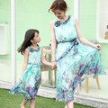 2016 mother and daughter summer clothes family matching outfits mum girl beach Bohemian sleeveless floral chiffon