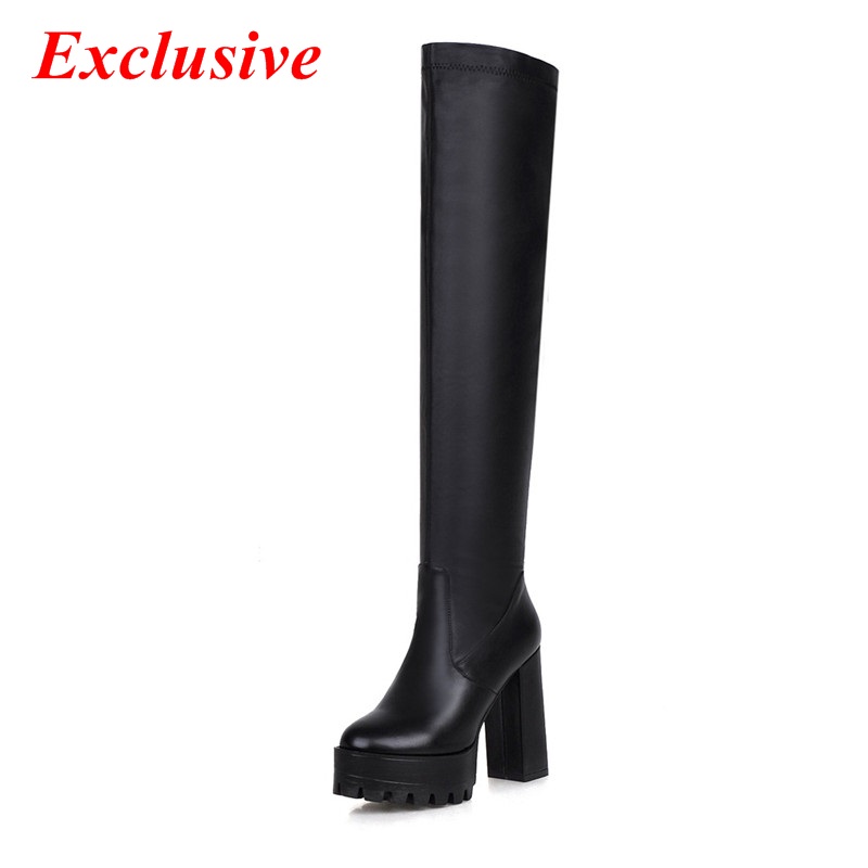 Thick With Knee Boots 2015 Latest Slip-On Long Boots Winter Short Plush Woman Shoe Thick Crust Black White Thick With Knee Boots