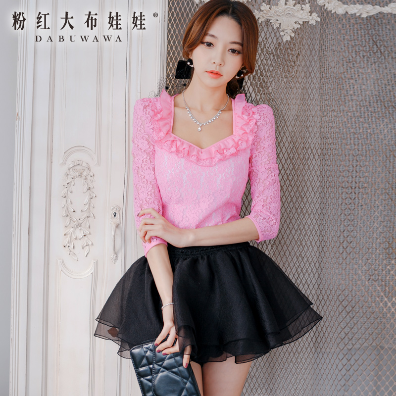 Shirt female Pink Doll 2015 new spring Puff Sleeve Blouse Shirt slim lace shirts