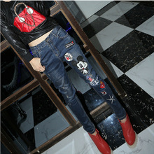 2016 New jeans Women Mid waist dark Blue Pocket Mickey jeans Pencil Pants Collapse Trousers Embroidery