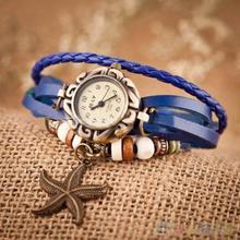 Woman Girl Vintage Leather Bracelet Starfish Decoration Quartz Wrist Watch 2BS7