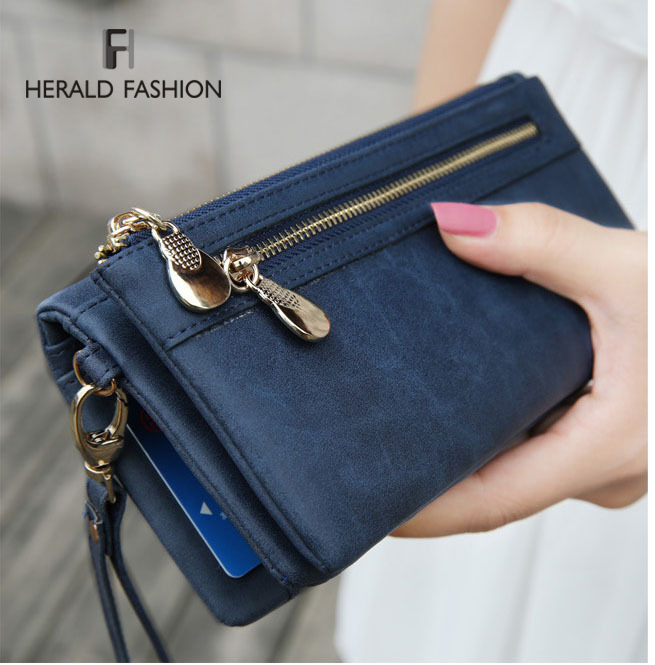 Fashion Women Wallets Dull Polish Leather Wallet Double Zipper Day Clutch Purse Wristlet Portefeuille Handbags Carteira