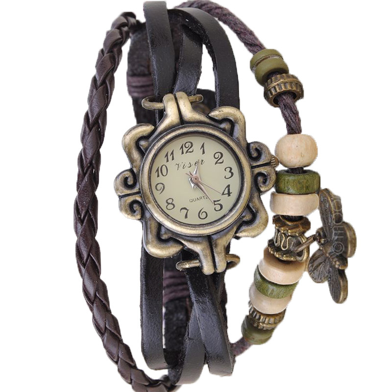 Watches Women Top Brand Luxury Multi Layer PU Leather Beads Butterfly Wrist Watch Vintage Bracelet PMHM356