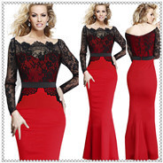 00001_summer-women-long-sleeved-lace-black-red-pacthwork-slim-fishtail-long-sexy-party-bandage-hip-bodycon