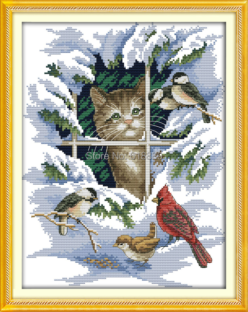 Кошка и птицы счетный крест 11CT 14CT DMC крестом устанавливает DIY комплекты крестиком для вышивки домашнего декора рукоделие