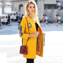 Long Jacket Women 2016 American Apparel Vintage Fashion Cartoon Embroidery Long Sleeve Coat Wool Blends manteau femme 5168
