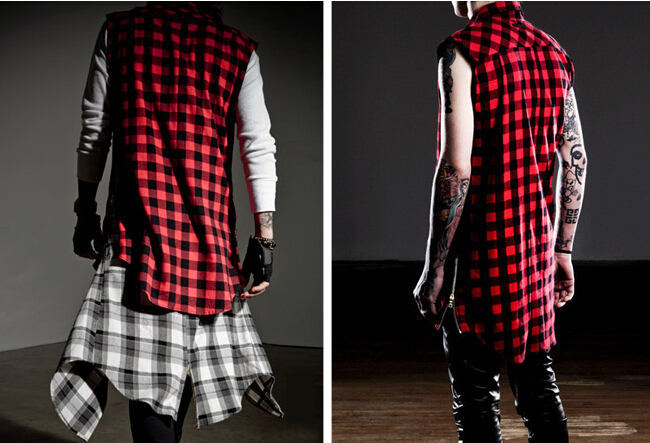 Hip hop tyga mens Blue font b Tartan b font plaid Sleeveless Casual shirts Side Zipper