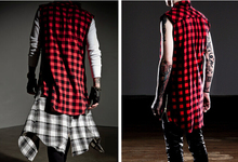 Hip hop tyga mens Blue font b Tartan b font plaid Sleeveless Casual shirts Side Zipper