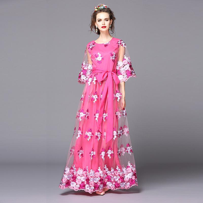 Luxury Dress 2016 New Fashion Spring - Autumn Half Flare Sleeve Slim Belt Flower Embroidry Elegant Mesh Flowing Cute Maxi Dress