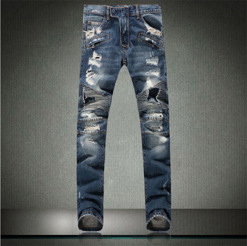 New 2015 Men Designer Jeans Fashion Printed Luxury Distressed Jeans Male Cotton Denim Straight Pants Ripped Jeans for Men