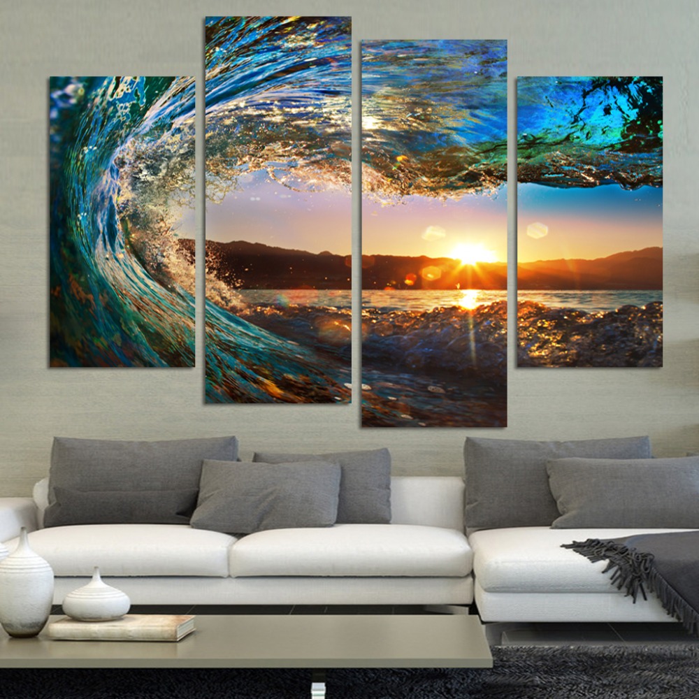 4 Panel Modern Seascape Painting Canvas Art HDSea wave Landscape Wall Picture For Bed Room Unframed F213