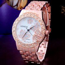 Acero inoxidable dorado 2015 de mujer mariposa del Rhinestone del diseño del reloj análogo de señora Display mujer visten los relojes envío gratis