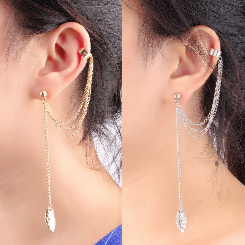 1pc Tassel Chains Leaf Pendant Ear Cuff Elegant Women Girls Clip Stud Earring Fashion Jewelry Gold Silver Color