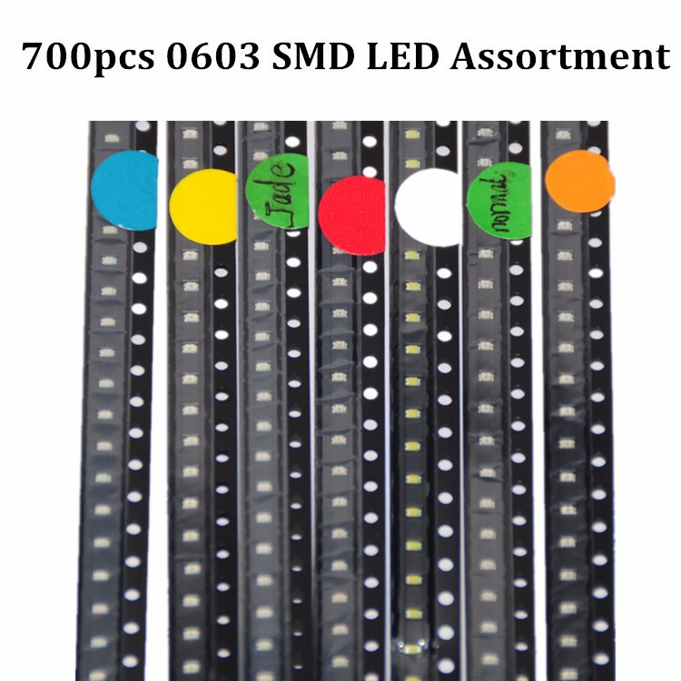 700pcs LED SMD 0603 LED Assortment RedGreenBlueYellowWhiteEmerald-greenOrange 100pcs each SMD 0603 LED Diod Pack (2)