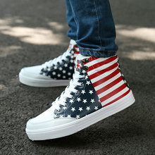 Top quality men high top sneakers flag print flat shoes casual leather shoes cool guy hip